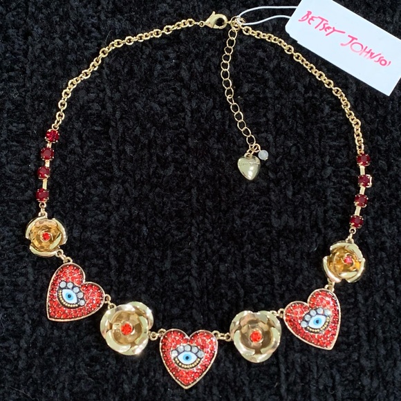Betsey Johnson Jewelry - BETSEY JOHNSON Pavé Crystals Hearts Roses Eyes Gold & Red NECKLACE!